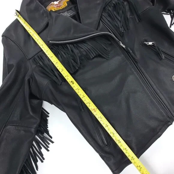 NEW Harley Davidson Leather Fringe Jacket Boho Western Cowgirl Moto Biker Black